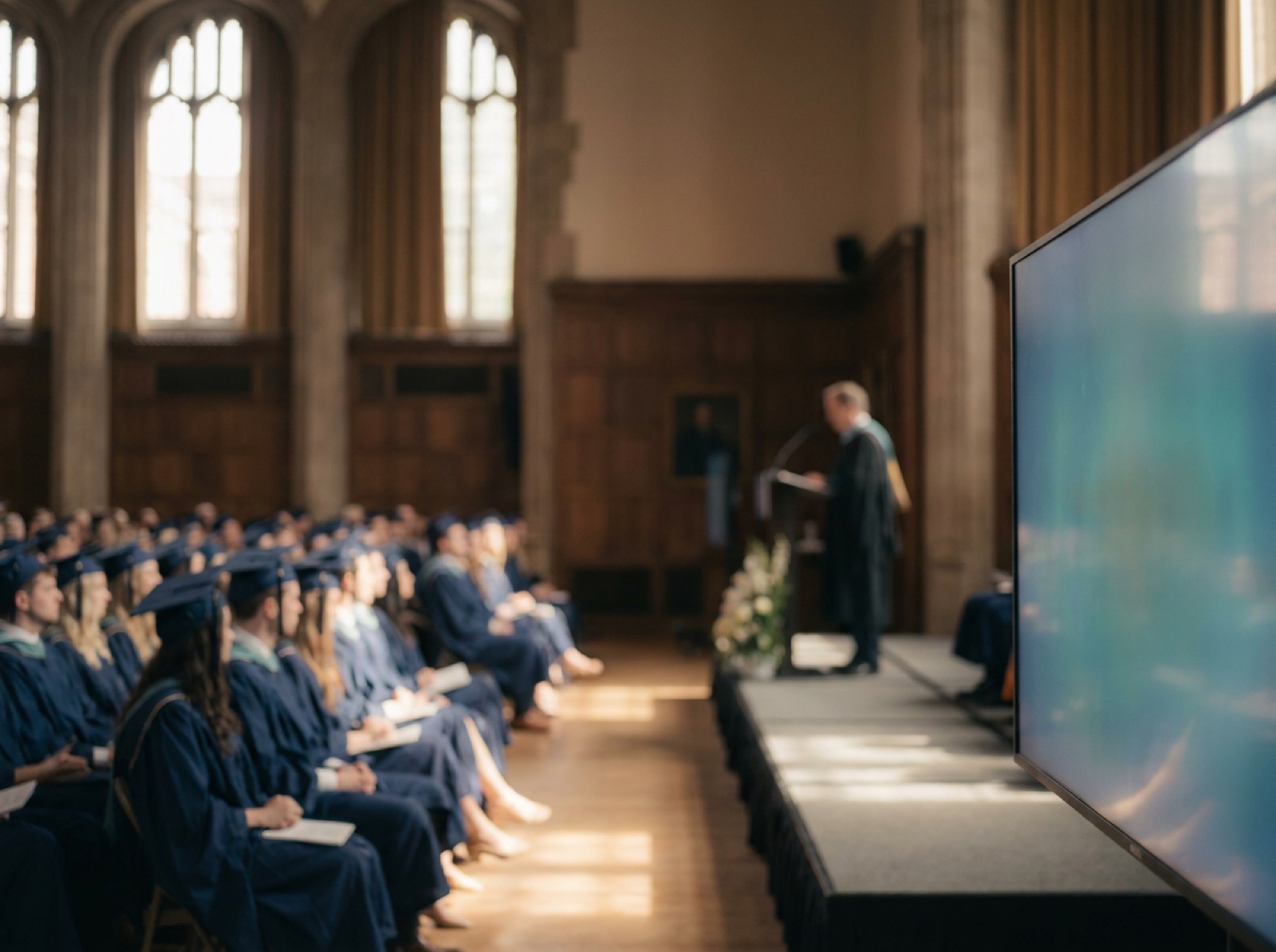 Graduates seated in a hall facing a stage with a caption display to the side.
