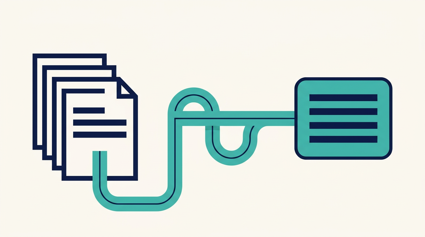 An illustration of prepared script pages flowing into a live caption display.